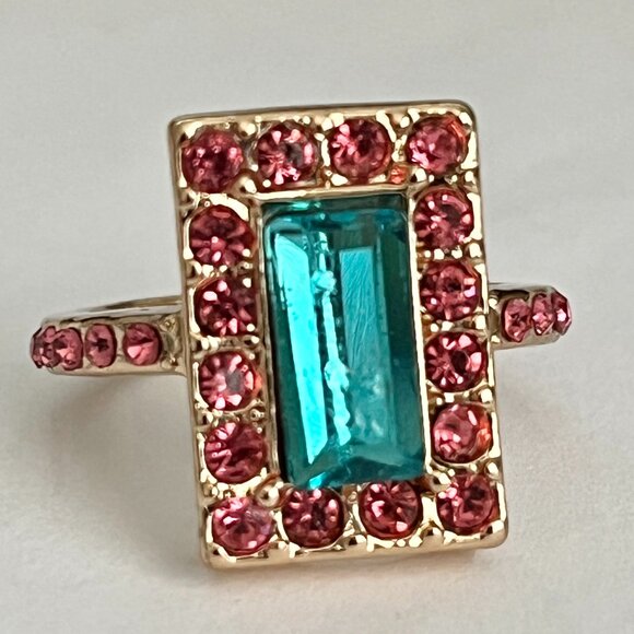 Rose Gold Crystal Cocktail Ring Pink Aqua Blue Princess Cut Size 6 Plated - Picture 5 of 14